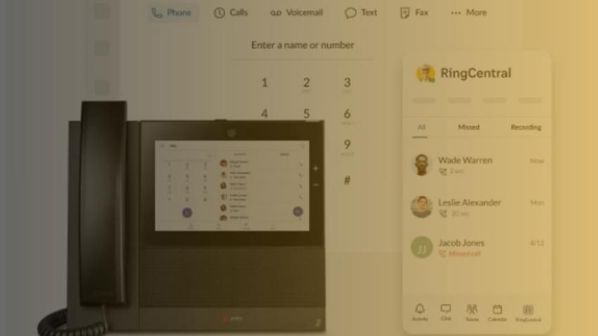 A RingCentral interface on a phone. The dial pad and contact list on a touchscreen.