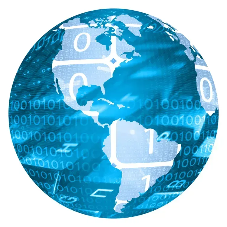 Globe overlaid with binary code, representing global digital connectivity.