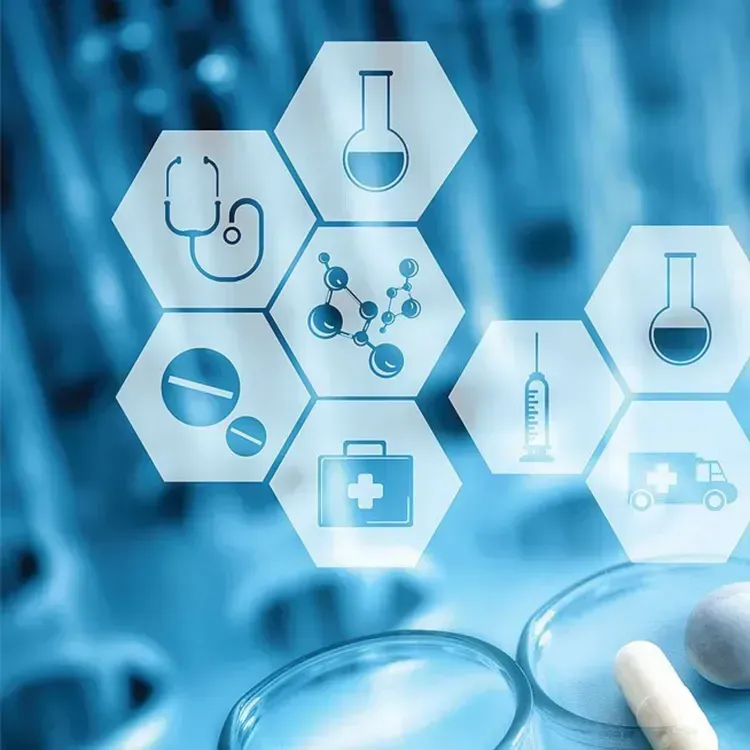 Hexagonal medical icons overlayed on a blurry, blue laboratory background.