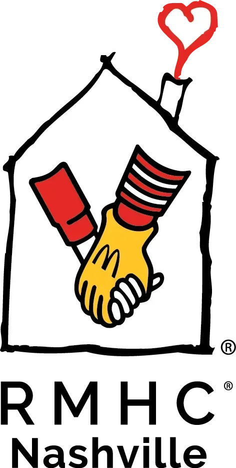 Logo for RMHC Nashville: A line-drawing of a house with a heart chimney, featuring two cartoon hands holding inside.