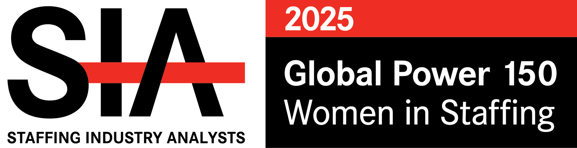 Logo for the 2025 Staffing Industry Analysts Global Power 150 - Women in Staffing list, featuring a red and black design.