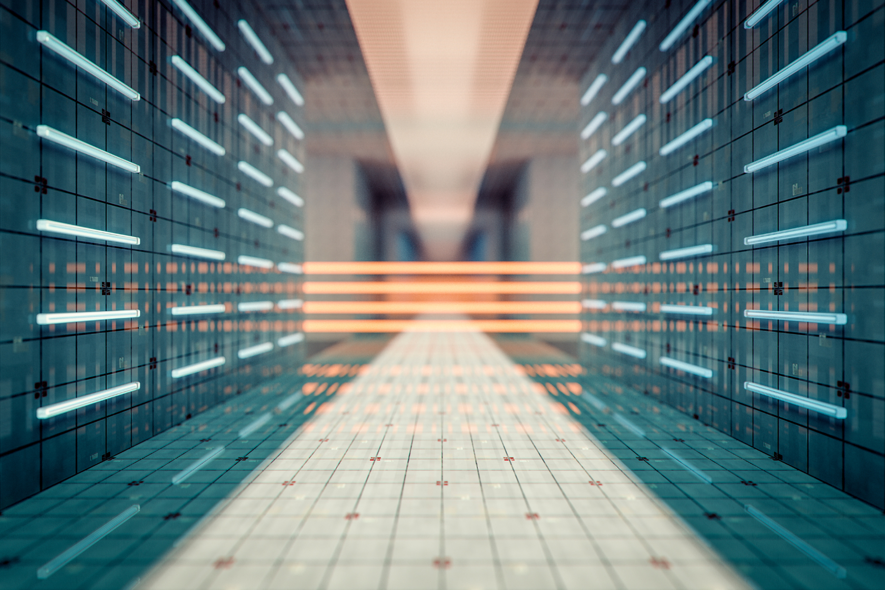 An IT server hallway with glowing blue panels and a light-filled end.