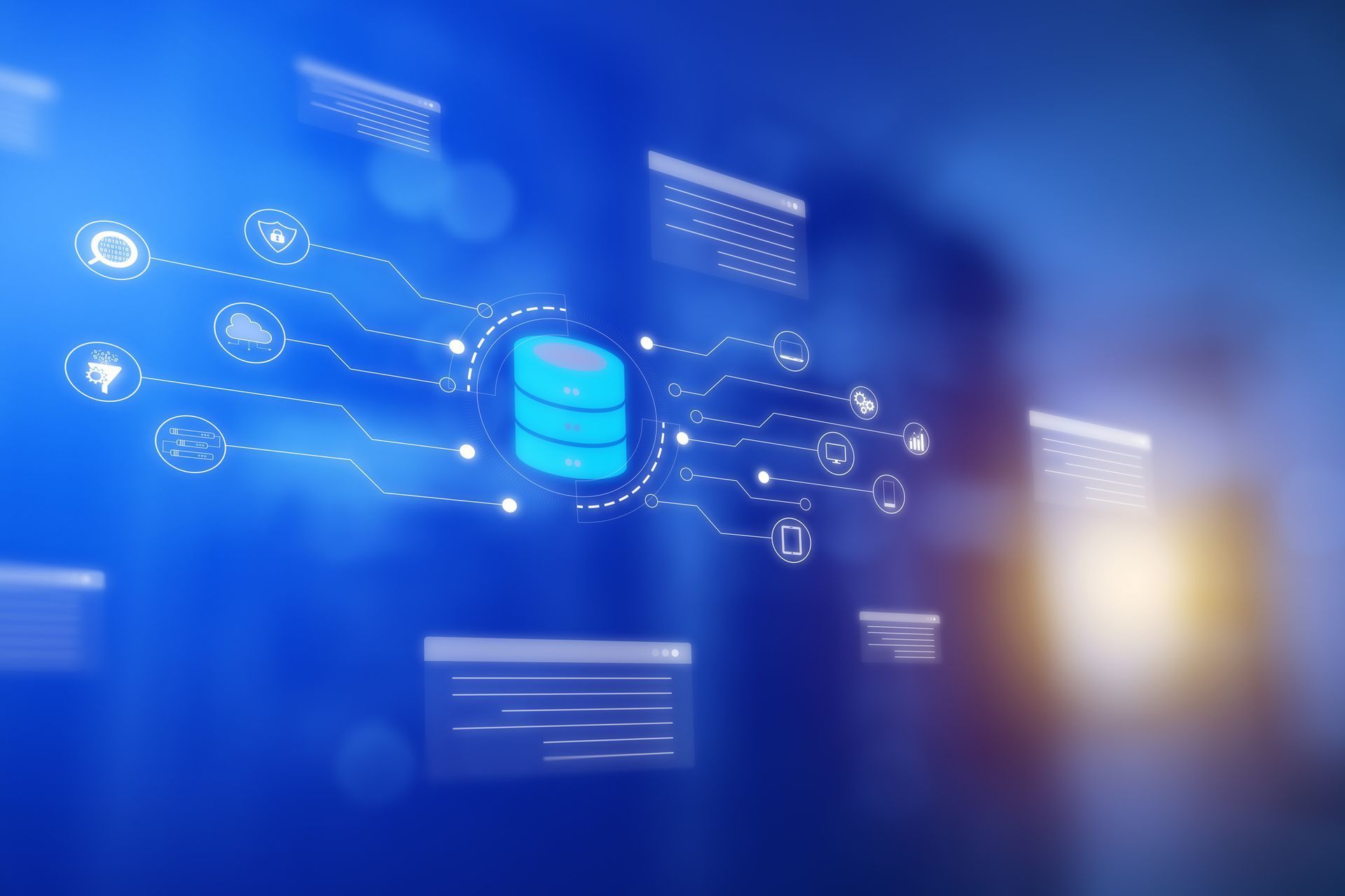 Blue digital database concept with cloud icons and interfaces.
