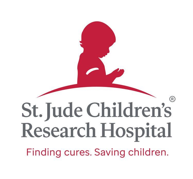 Logo for St. Jude Children’s Research Hospital with a red silhouette of a child over the text 