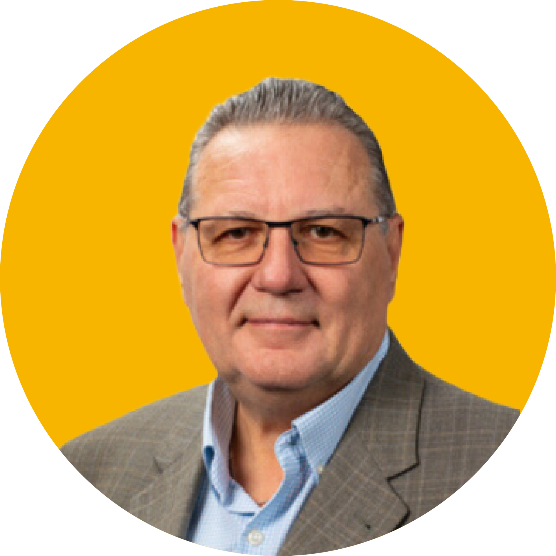 A person wearing glasses and a blazer against a solid yellow background, framed in a circle.