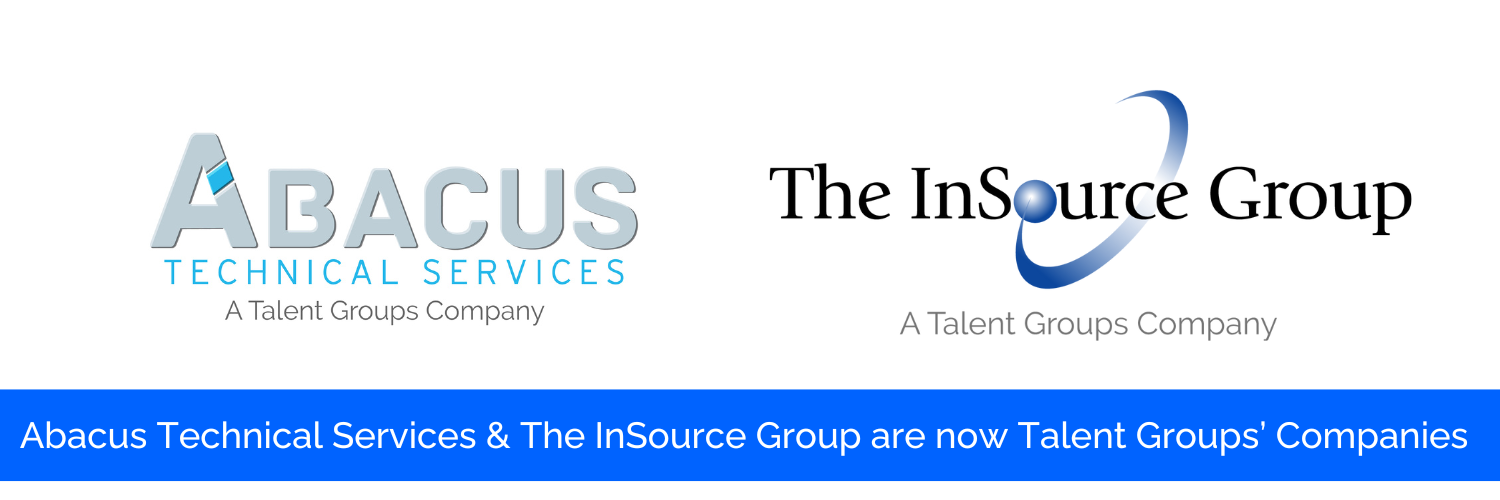 Logos for Abacus Technical Services and The InSource Group, noting they are now Talent Groups' companies.