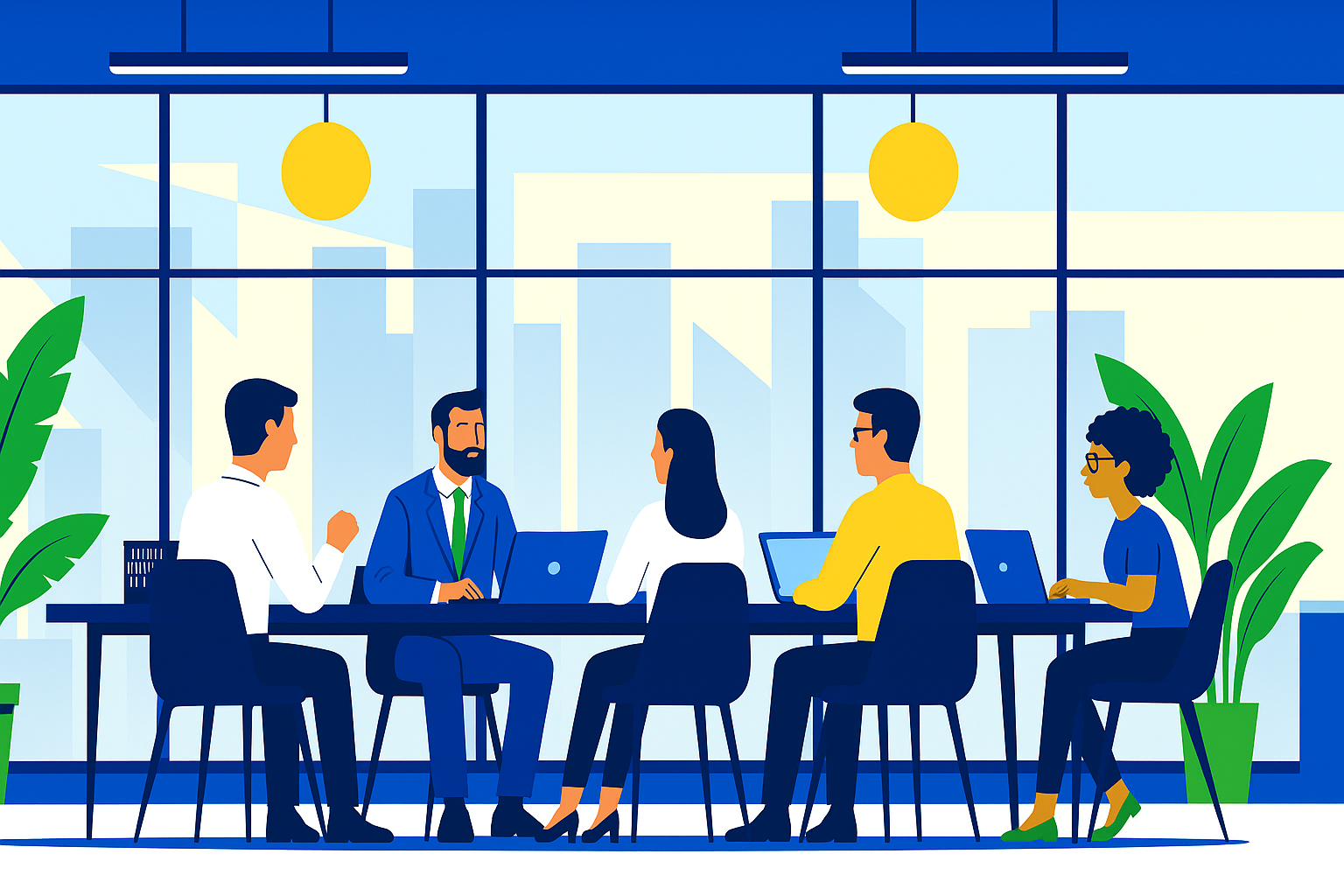 Business team at a table, laptops open, working in a modern office with large windows and plants.