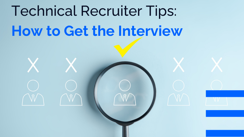 Technical Recruiter Tips: magnifying glass highlights one candidate among faded icons on a blue background