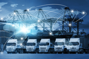 Five trucks lined up at a port, overlaid with a network map, and a world map in the background.