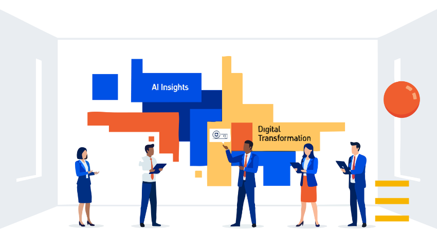 Illustration of business professionals discussing AI insights and digital transformation strategies