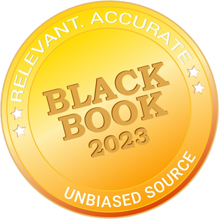 A gold, circular award badge labeled "BLACK BOOK 2023" with the text "RELEVANT. ACCURATE. UNBIASED SOURCE." around the rim.