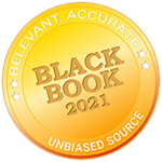 A circular gold award seal from Black Book 2021, featuring the text 