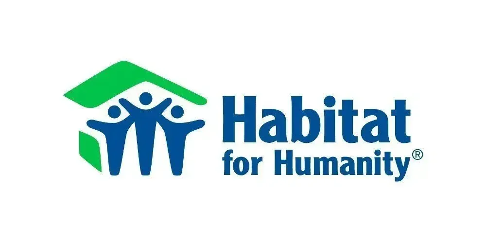 Habitat for Humanity logo: a green roof over three blue silhouettes of people with raised arms next to the organization name.