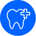 A white outline of a tooth with a medical cross on a blue circular background.