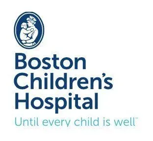 Boston Children’s Hospital logo featuring an oval icon of a person holding a child above the blue text and their slogan.