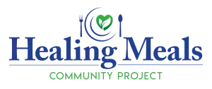The Healing Meals Community Project logo, featuring a green leaf heart on a plate with a fork and spoon.