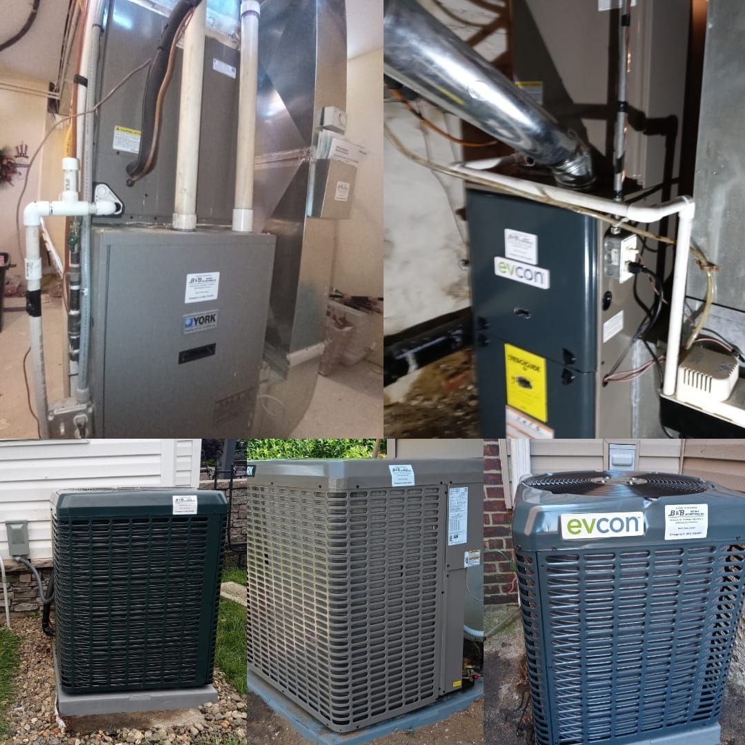 Collage: HVAC equipment, including furnaces indoors and AC units outdoors.