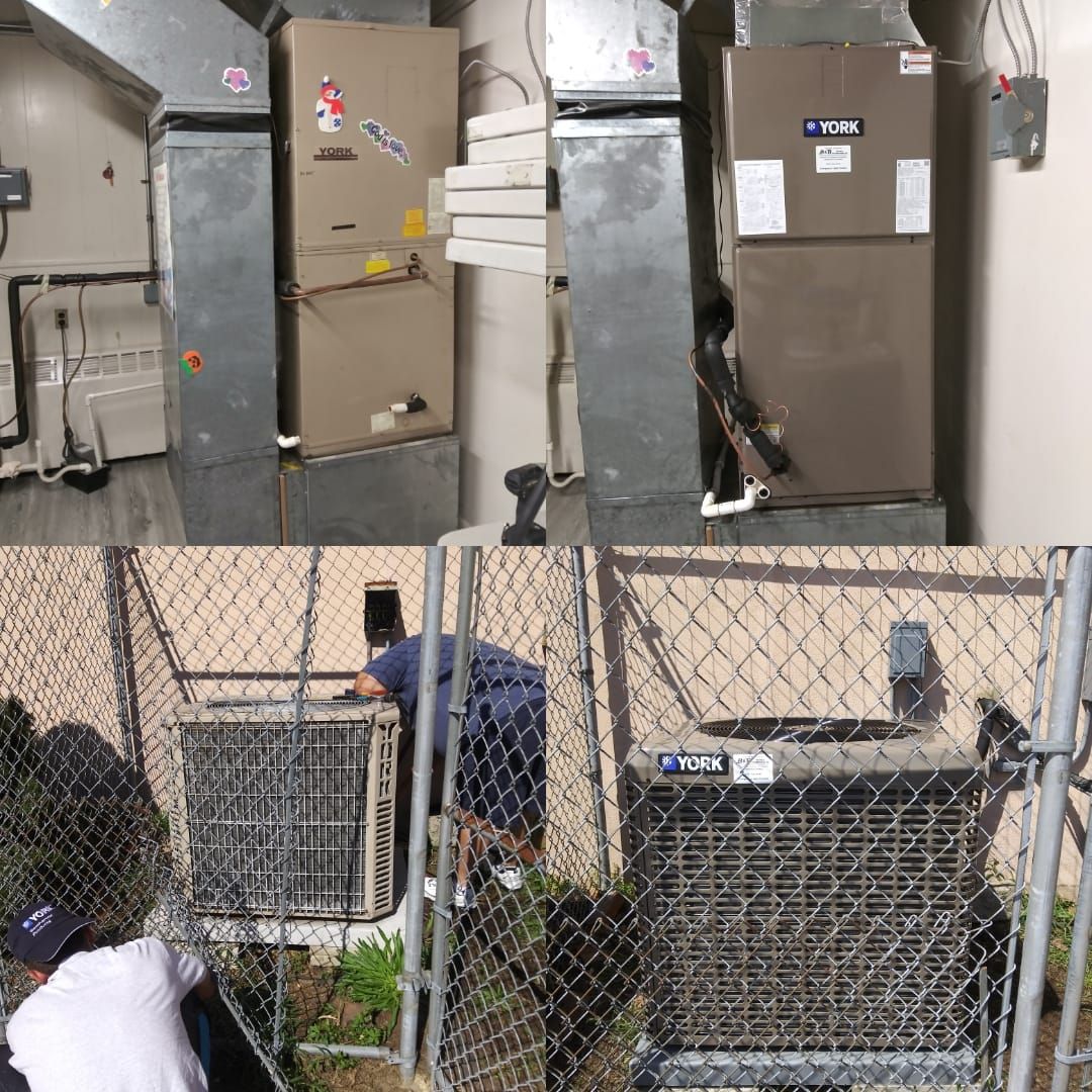 Two indoor HVAC units and an outdoor HVAC unit being worked on.