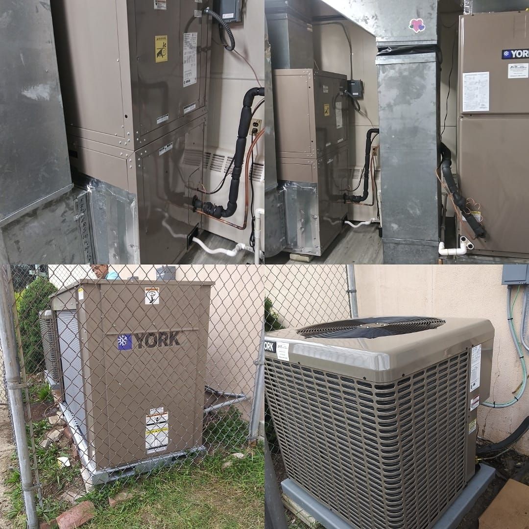 Four views of an HVAC system, including air handlers inside and outdoor compressor units.