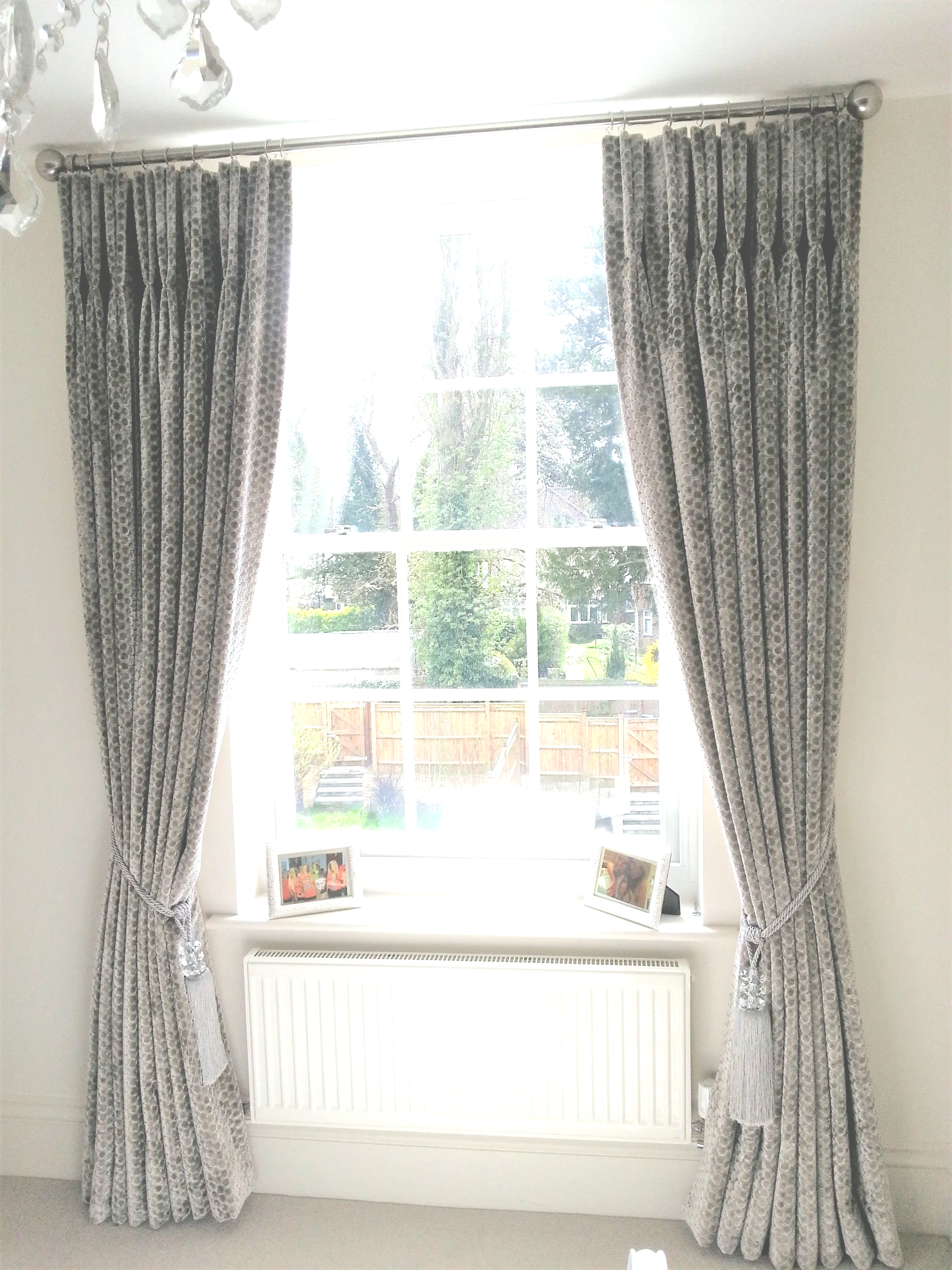 Bespoke living room curtains including tie-backs
