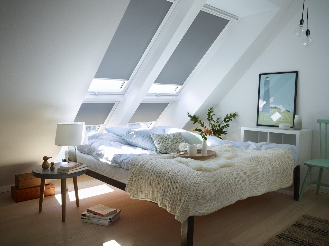 Blinds for attic skylights