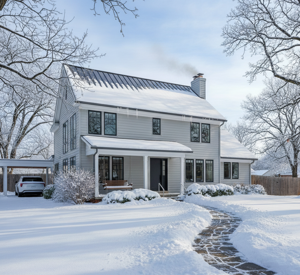 Two-story gray house covered in snow with stone walkway and a car under a carport.