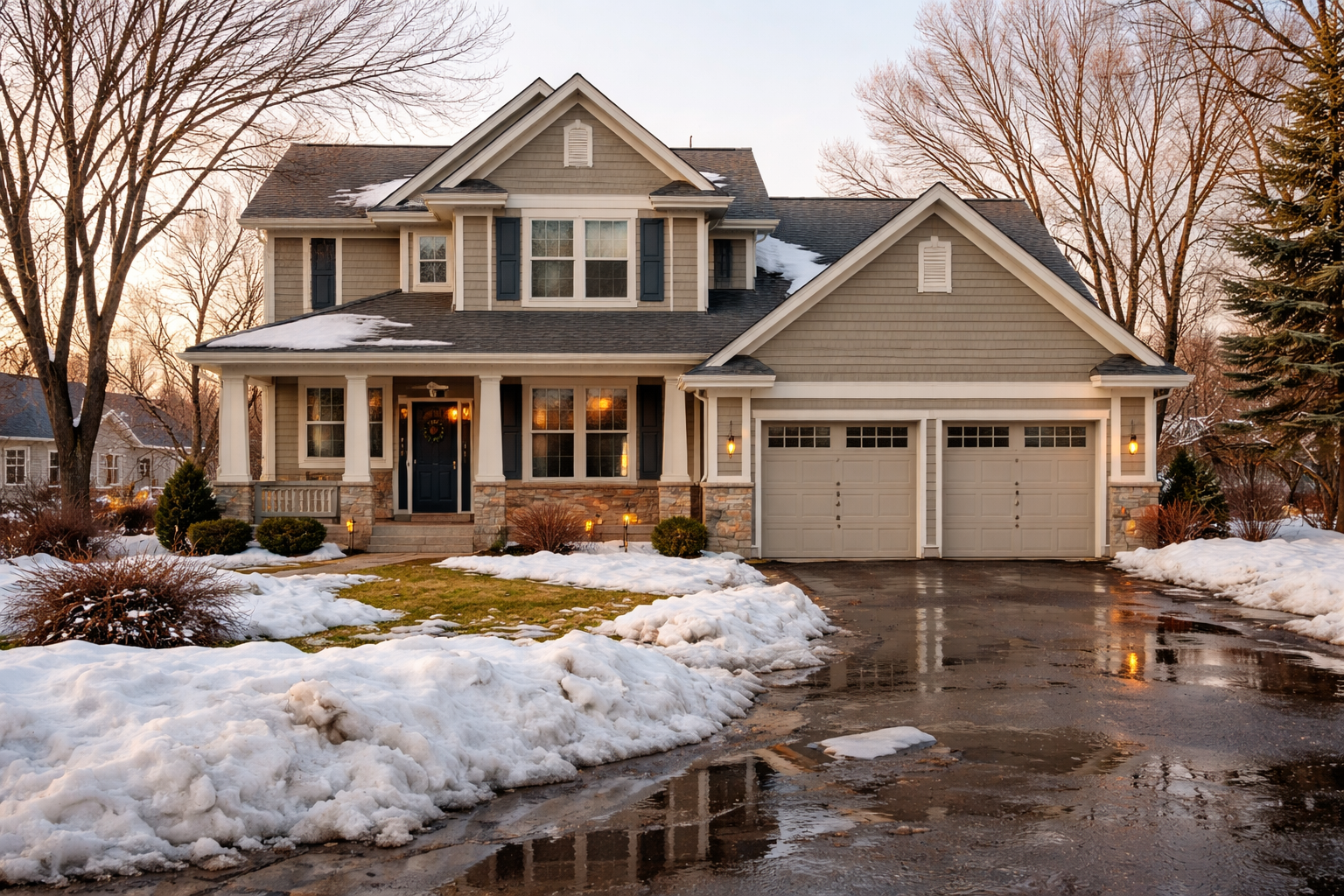 Two-story house with beige siding, a snow-covered yard, and a wet driveway.