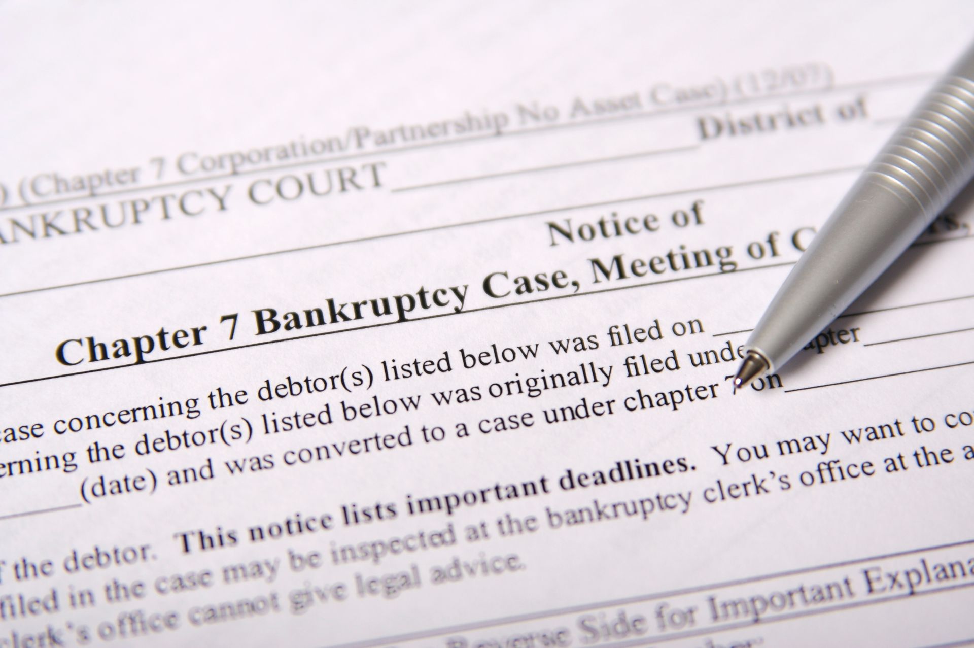 An empty bankruptcy form ready to be completed with the guidance of a Chapter 7 bankruptcy lawyer.
