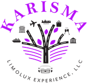 Logo for Karisma Limolux Experience, LLC, with a tree design and various travel icons in purple and black.