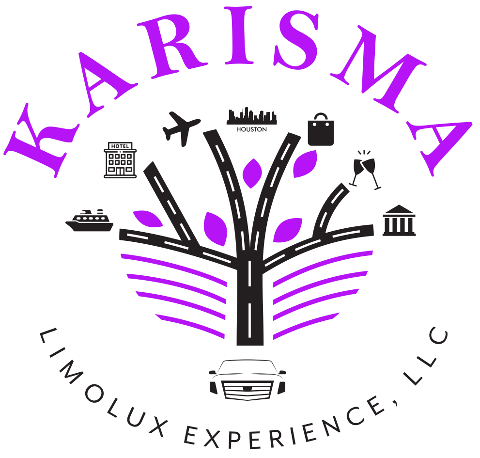 Logo for Karisma Limolux Experience, LLC, with a tree design and various travel icons in purple and black.