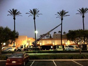 Palm trees in front of a building with a parked car in the foreground and a crane in the middle.