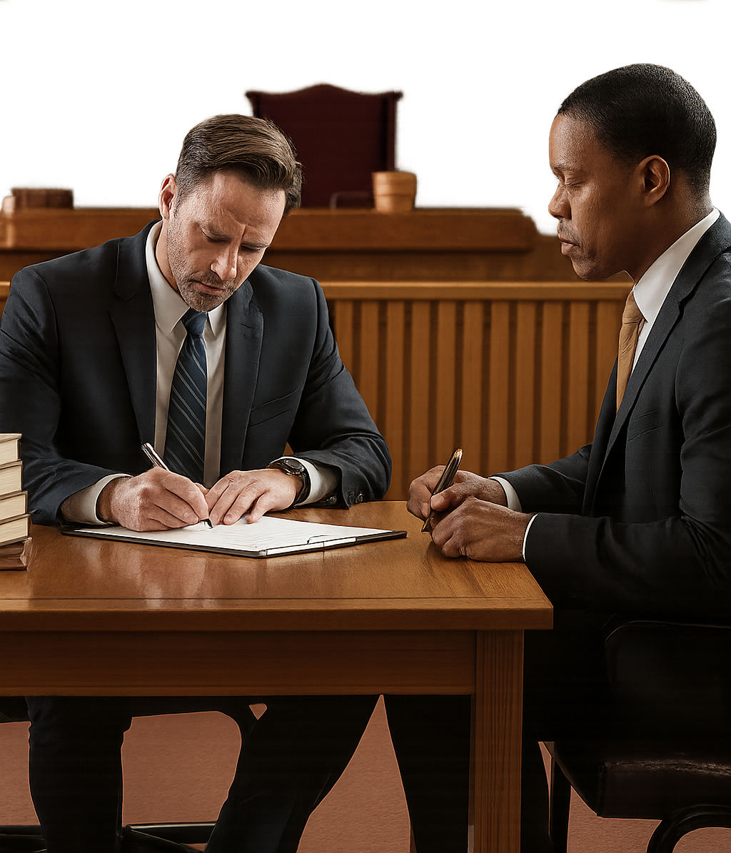 Two attorneys reviewing legal documents in courtroom, discussing payment plans and fees.