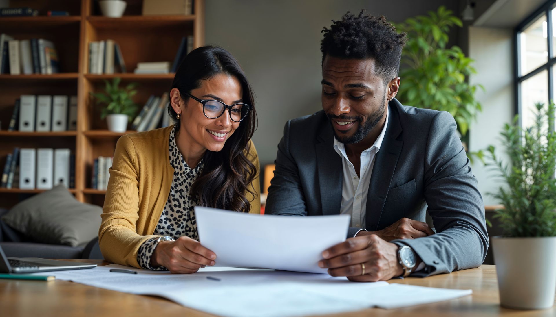 Landlord and licensed paralegal reviewing rent recovery documents together in a professional office setting