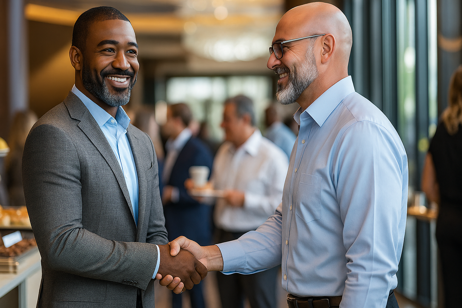 Two happy men shaking hands in a modern office setting after successful eviction case support