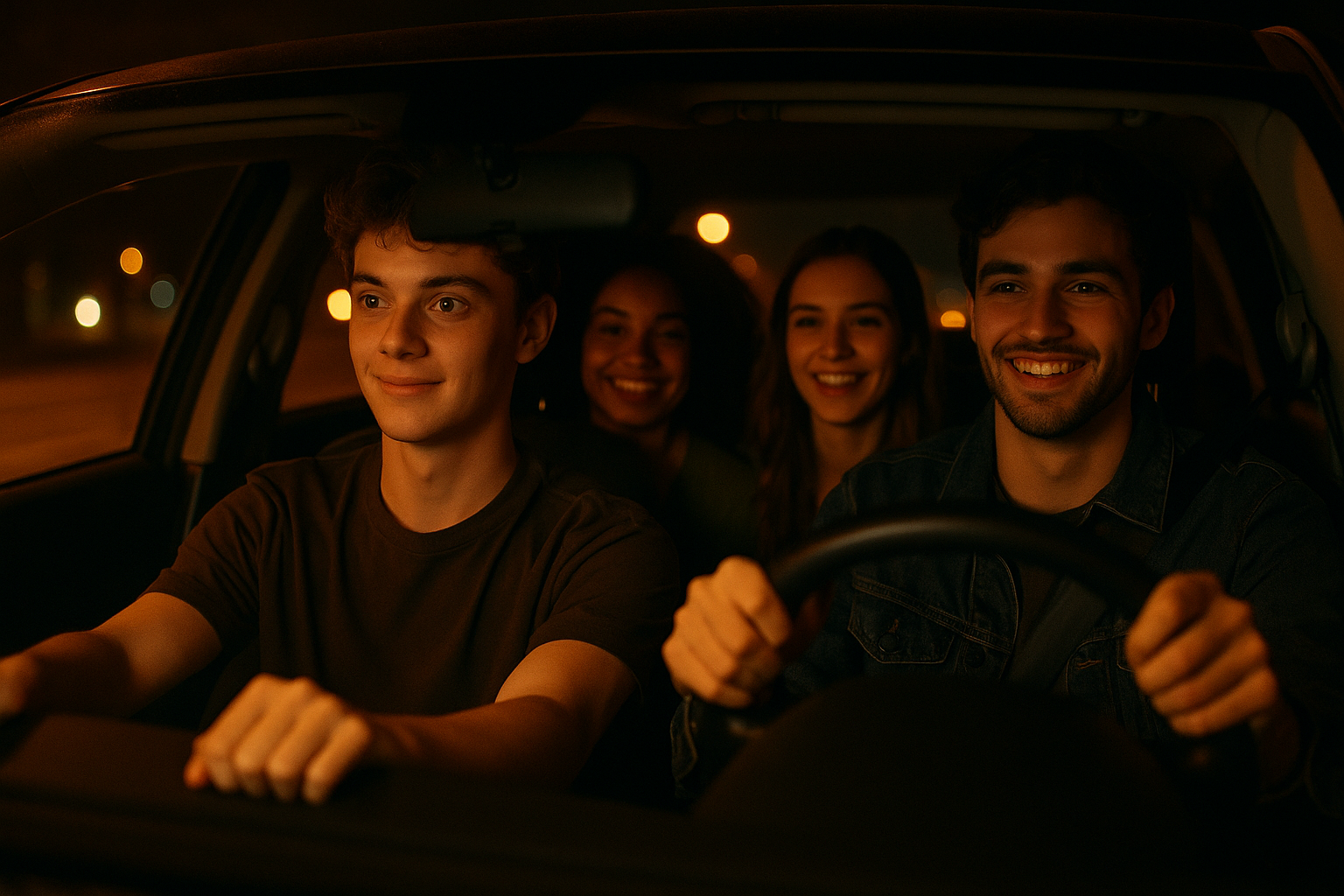 Young driver behind the wheel at night with passengers