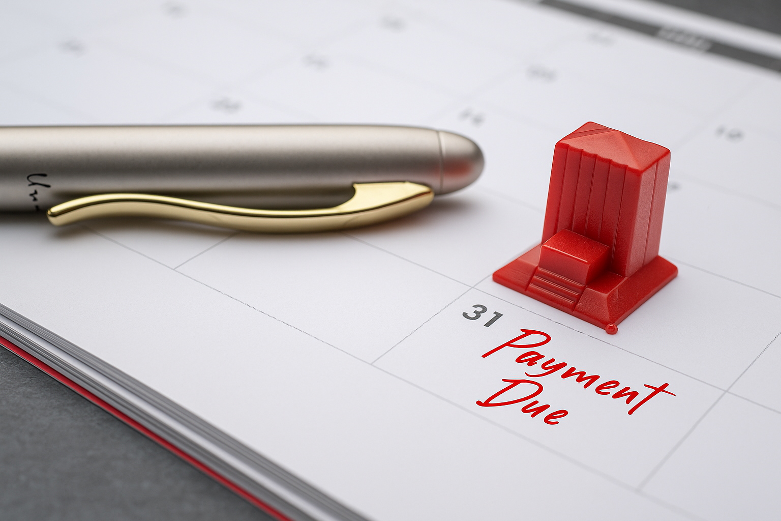 Close-up of a monthly calendar with the date marked “Payment Due” in red, accompanied by a small red house figurine and a gold-accented pen. Represents rent payment deadlines and the urgency of timely housing-related payments.