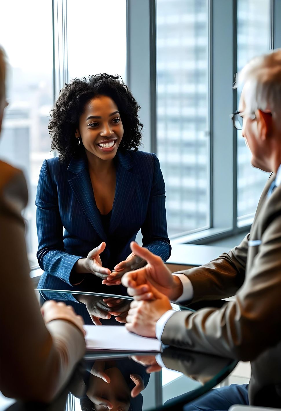 Smiling professional woman in business suit meeting with two clients in a modern office, discussing legal services.