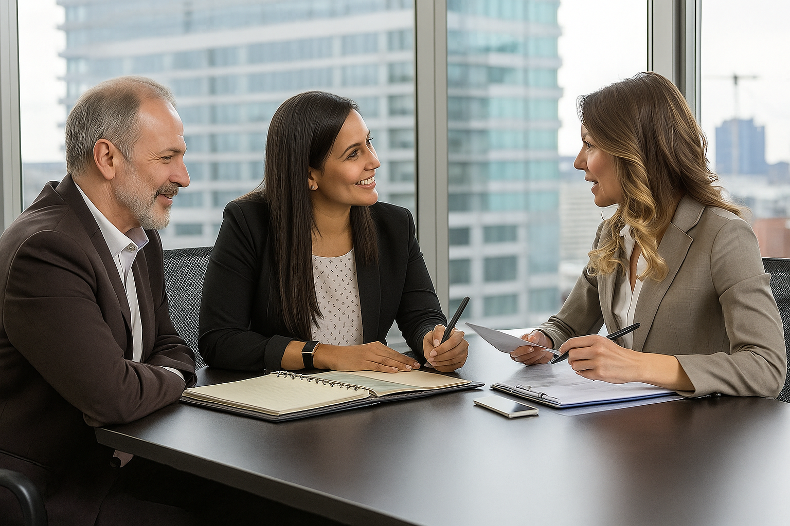 Three professional paralegals in a legal consultation discussing documents in a modern officee.