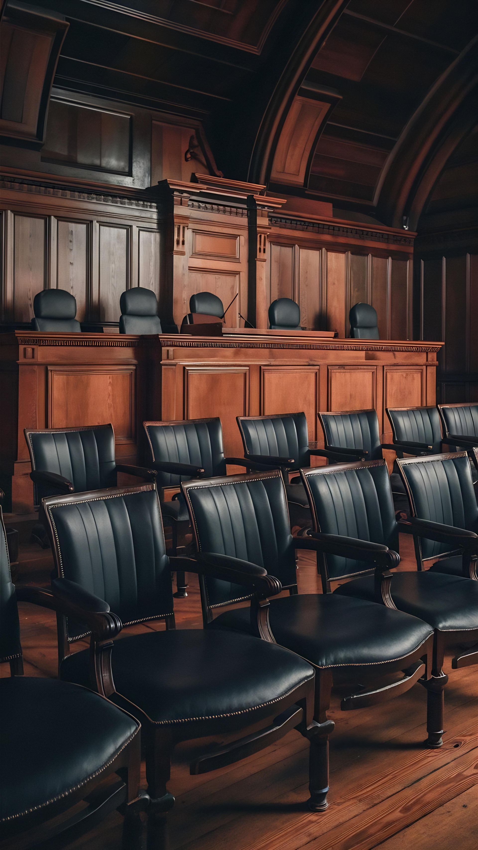 Empty courtroom with leather chairs and judge’s bench, symbolizing the legal consequences and sentencing for disobeying a court order under Section 127(1) of the Criminal Code