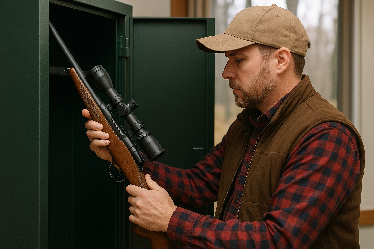 Licensed firearm owner placing a rifle into a gun safe, following Canadian storage regulations under the Firearms Act.