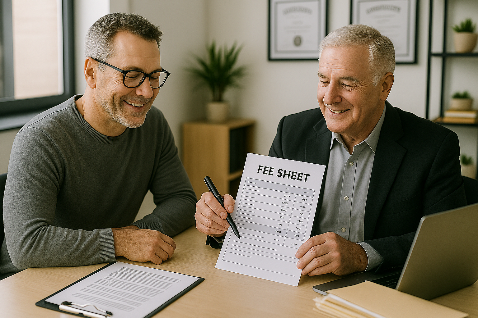 Paralegal explaining flat-rate legal fee sheet to a smiling client during a consultation.