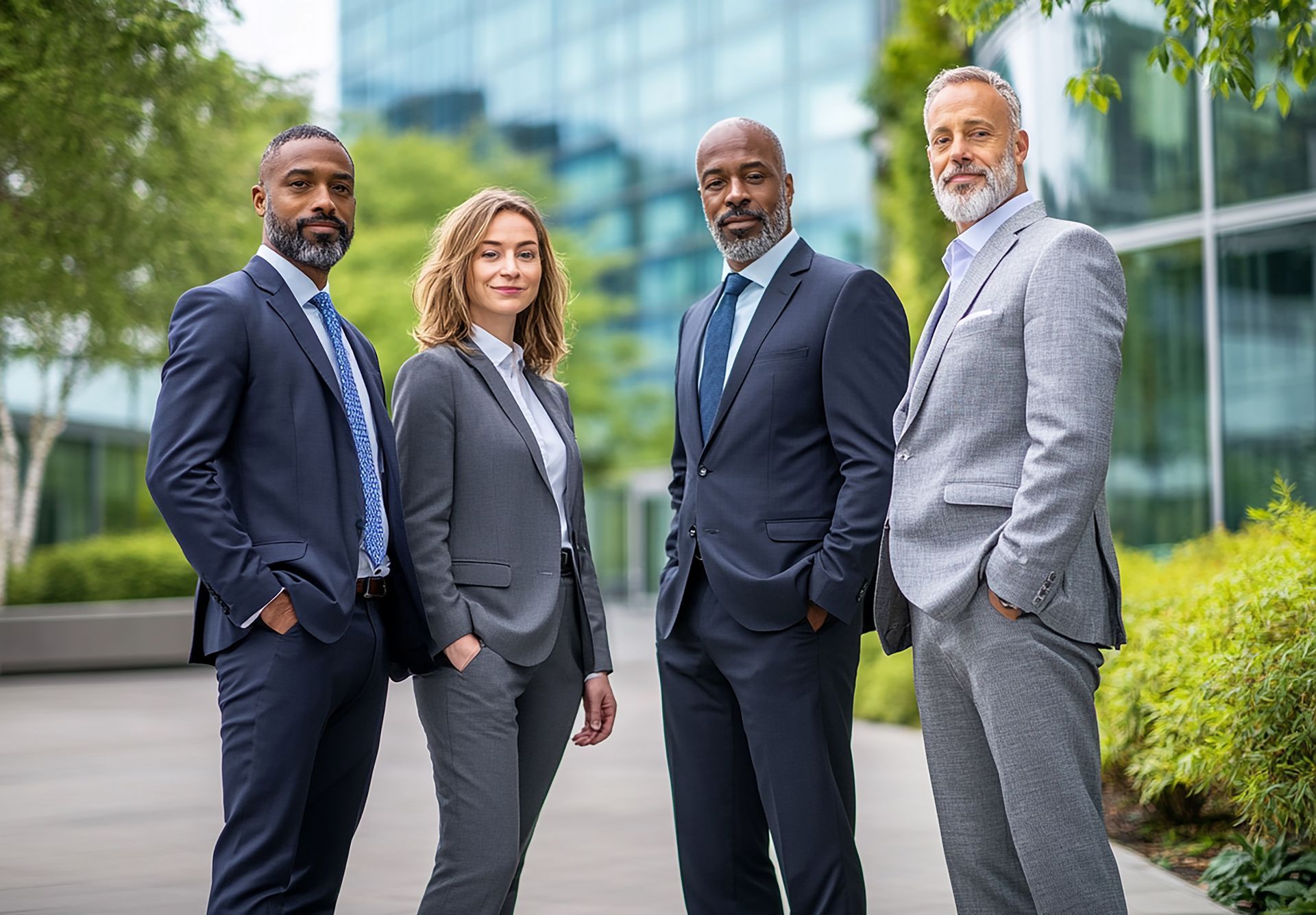 Professional paralegal team in business attire standing outside a modern office building in Ontario, representing Cordaie Paralegal Services for traffic ticket defence.