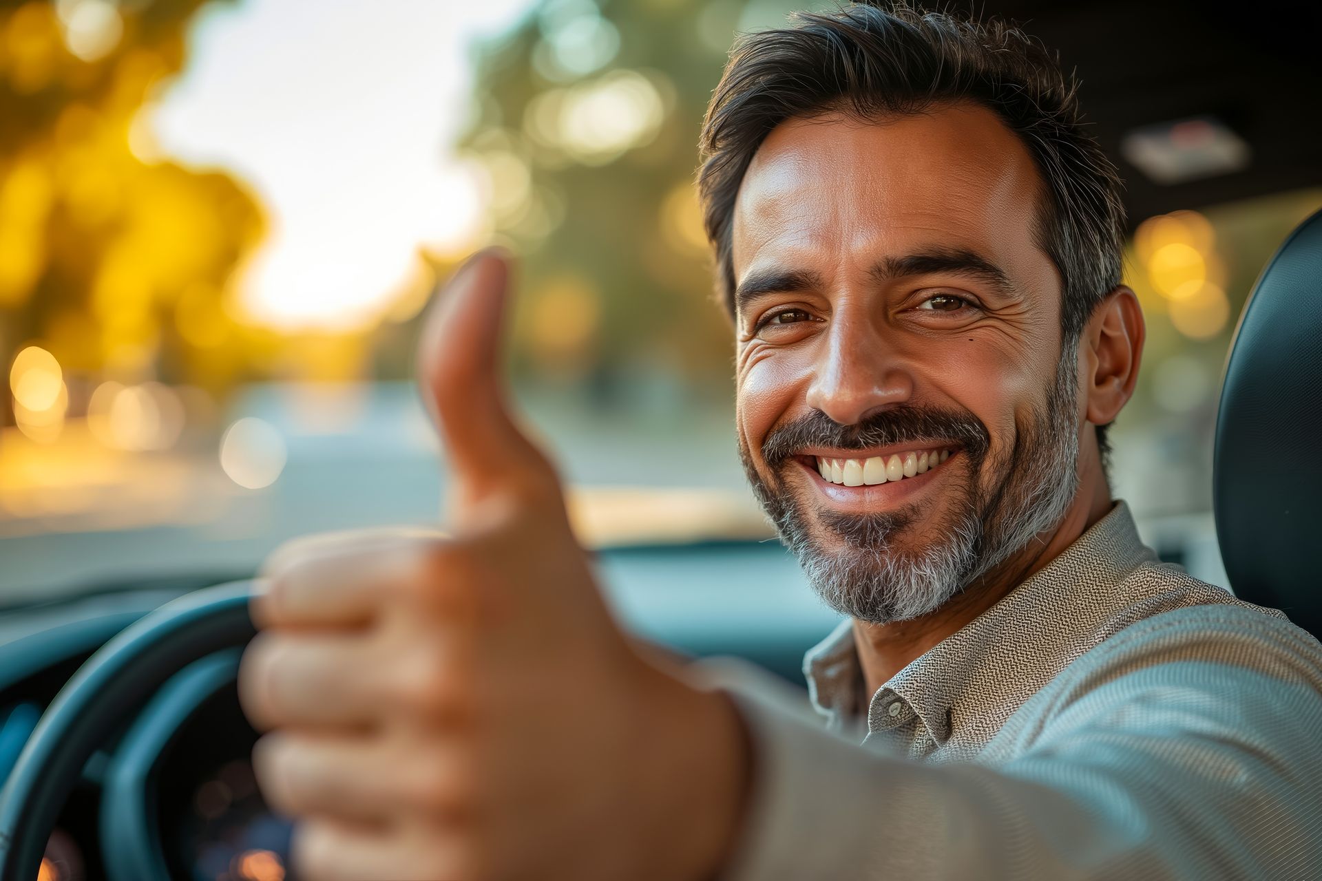 Smiling driver giving a thumbs up after successfully fighting a traffic ticket in Ontario
