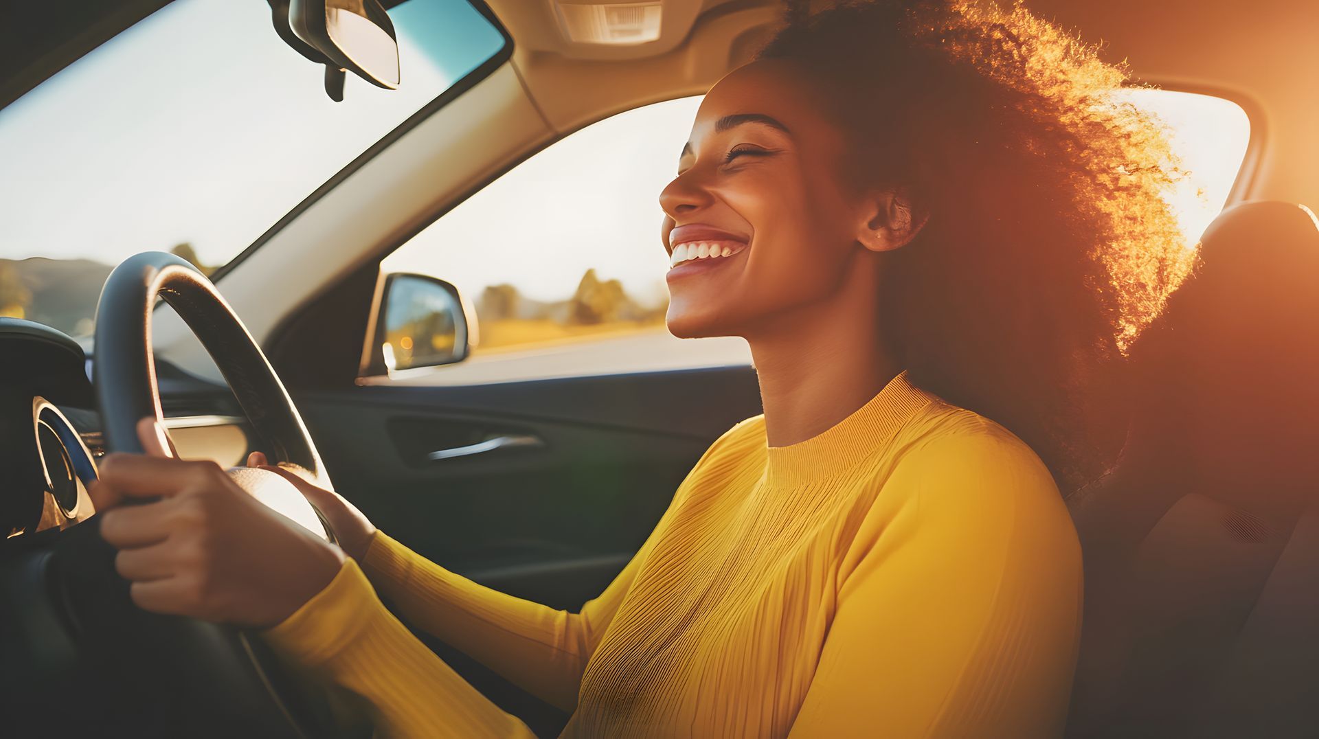 Smiling driver enjoying the road, representing relief and freedom after a successful distracted driving defence.