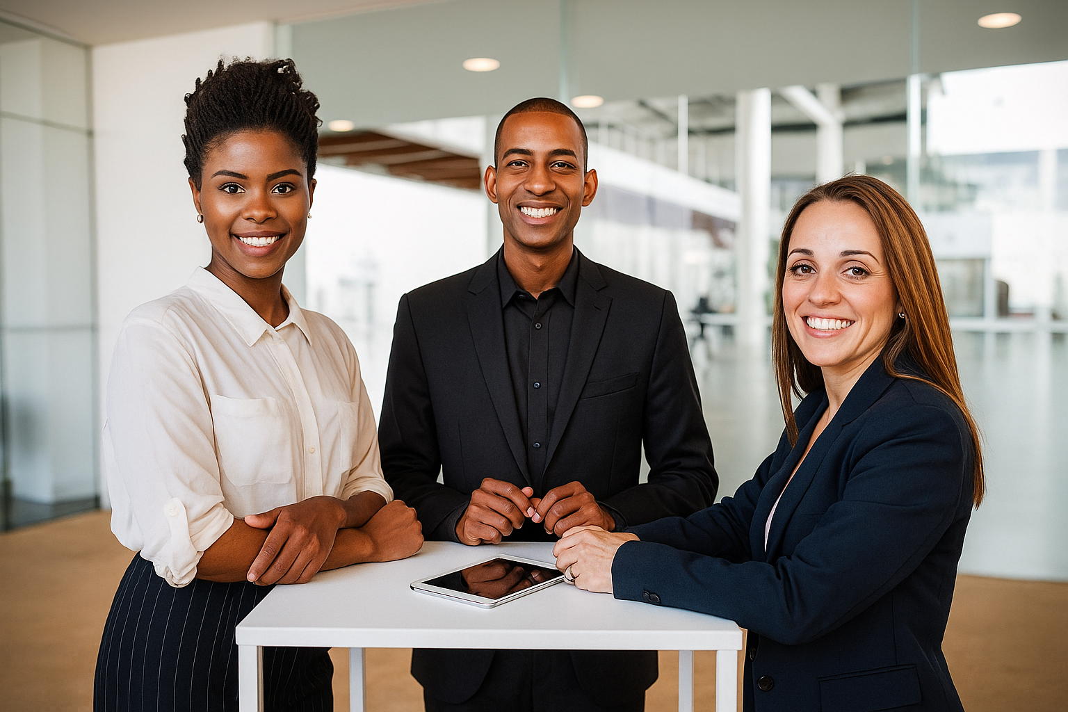 Three smiling professionals standing confidently in a modern office setting, representing successful landlord outcomes and legal support