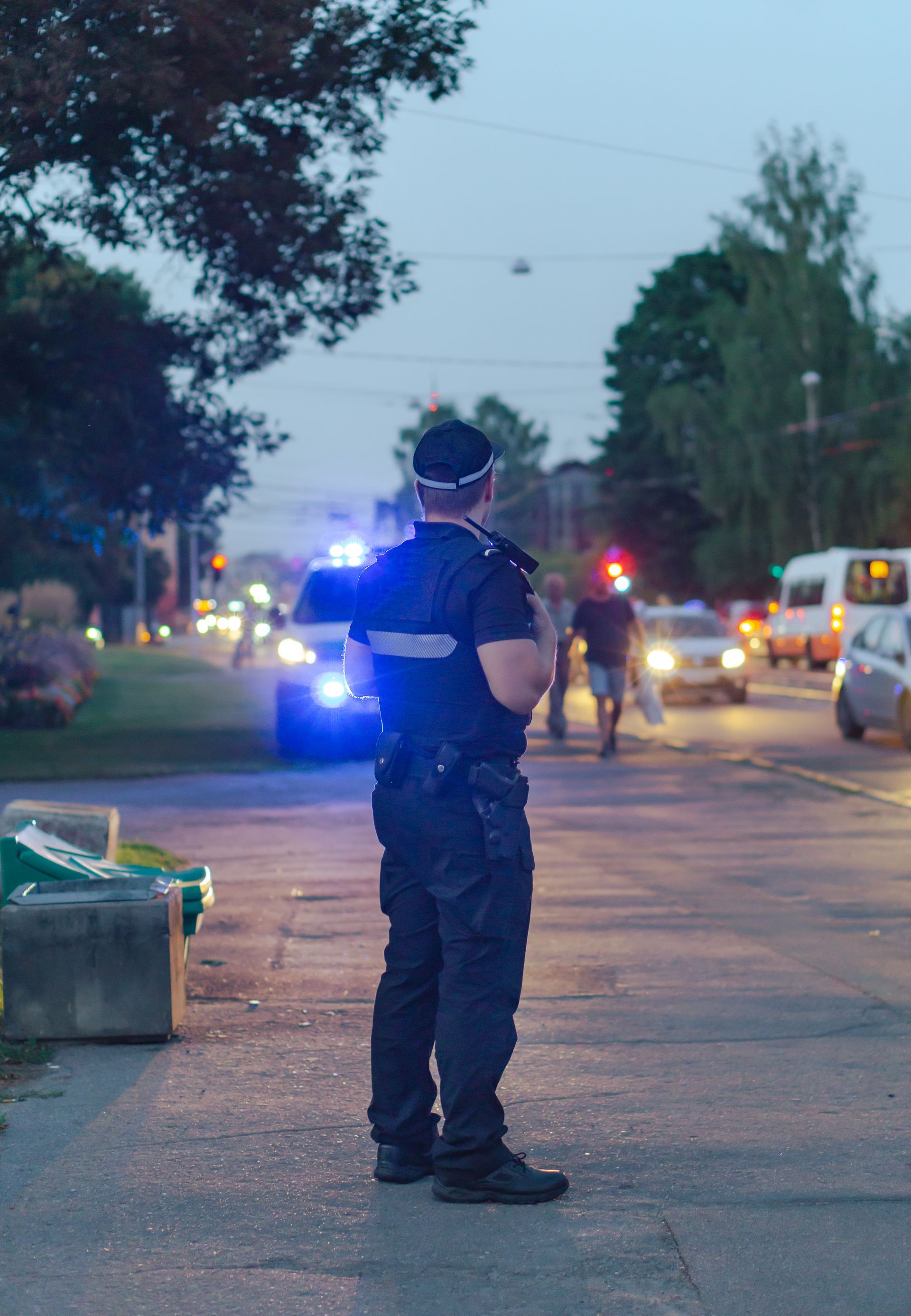 Police officer standing in roadway with flashing lights — paralegal services for traffic ticket defense in Ontario