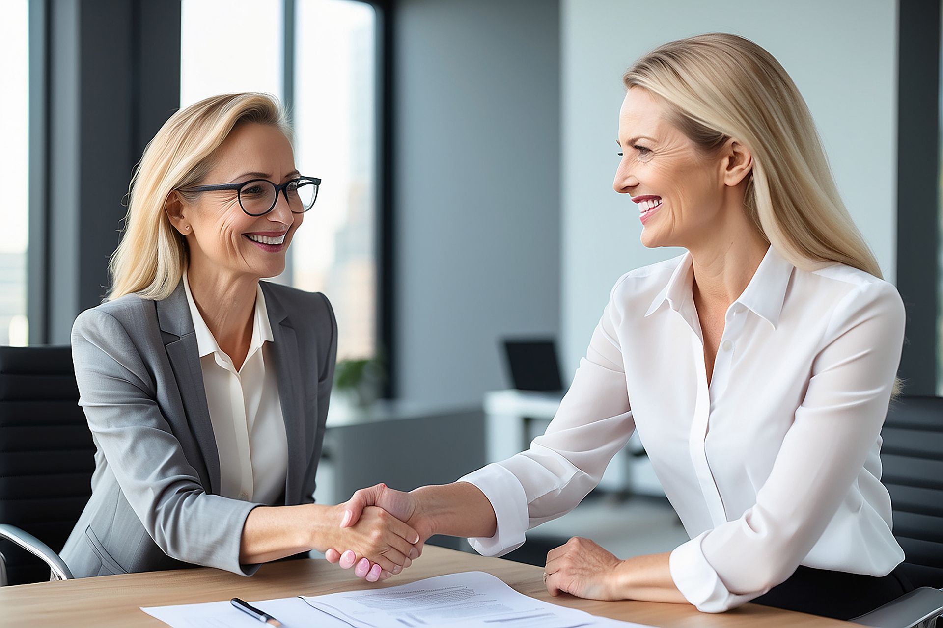 Paralegal shaking hands with client after providing clear answers about registering domestic contracts in Ontario