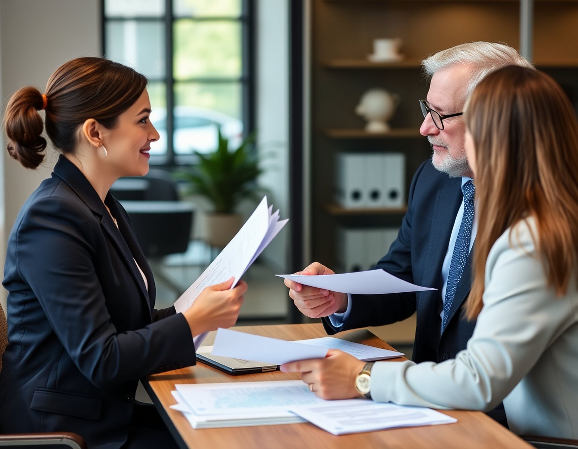 Smiling landlord and legal representative shaking hands in a modern office, celebrating a successful resolution.