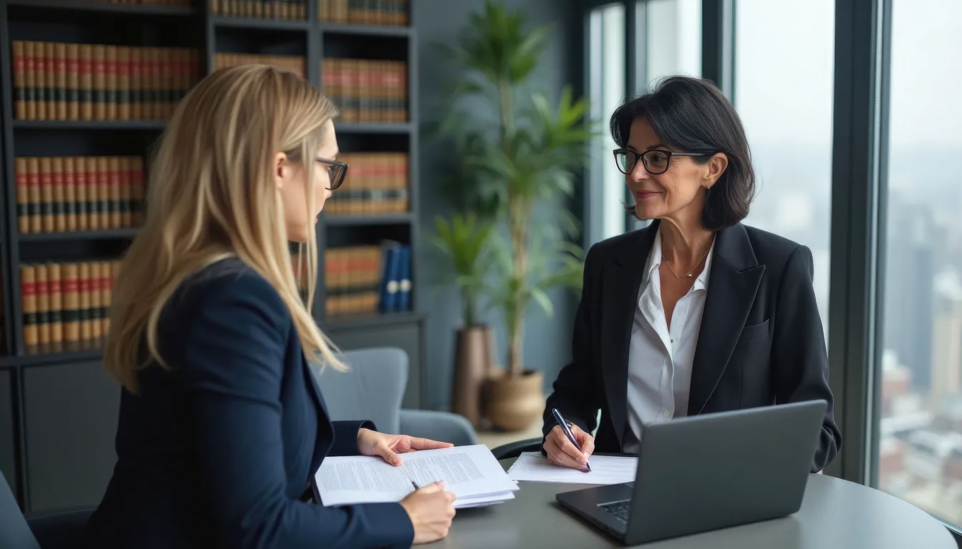 Two professional legal consultants discussing a landlord case in an Ontario law office.