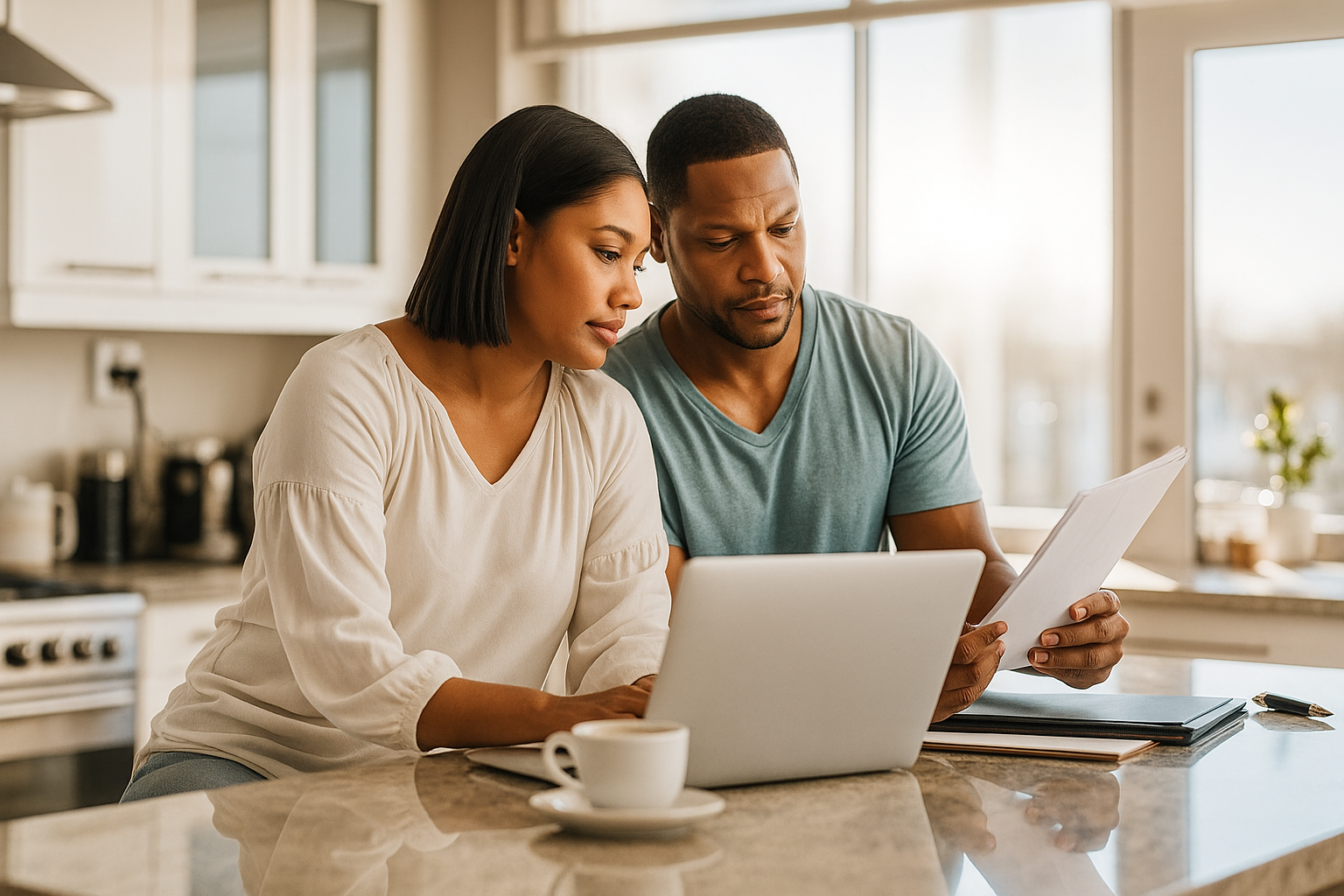 Concerned couple reviewing rent notice and financial documents at home, representing Ontario landlords handling missed payments